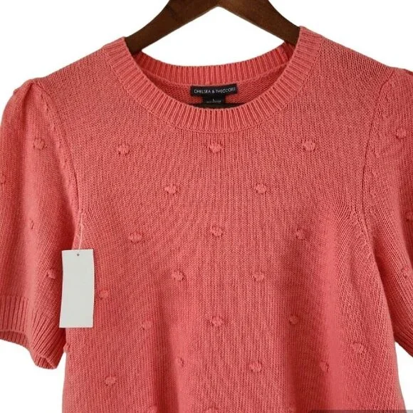 Chelsea & Theodore Womens Size L Coral Peach Pommed Sweater Puffed Sleeve New - Picture 2 of 6
